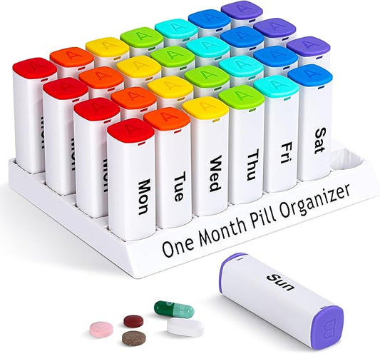 CAidRE Monthly Pill Organizer 2 Times a Day - 28 Day Pill Box AM PM, Daily Medicine Organizer for Vitamins, Supplements, Medications - BPA Free Pill Case for Home & Travel, White