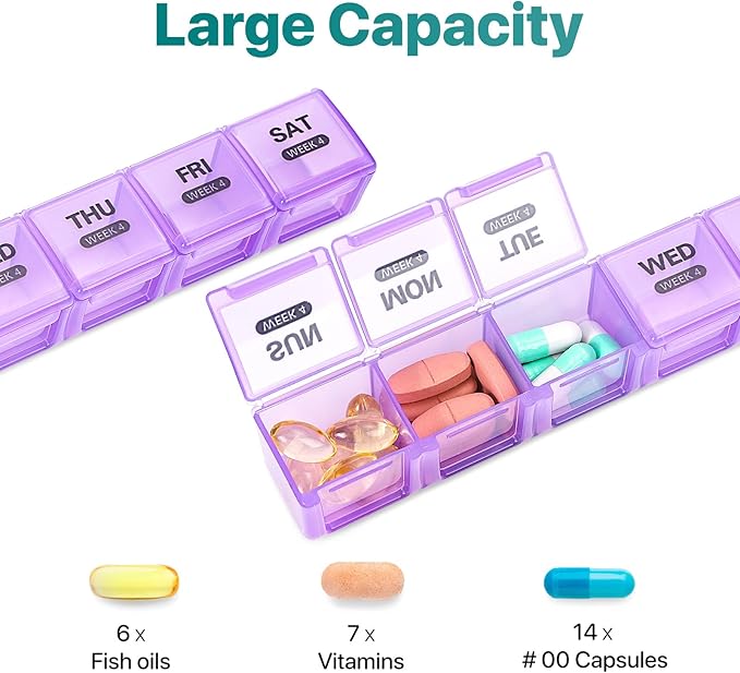 Sukuos Monthly Pill Organizer 4 Week, Large Pill Box Moisture/Dust-Proof Cases for Month Vitamin/Fish Oil/Supplements with Clear Lid, Easy to Open & Clean