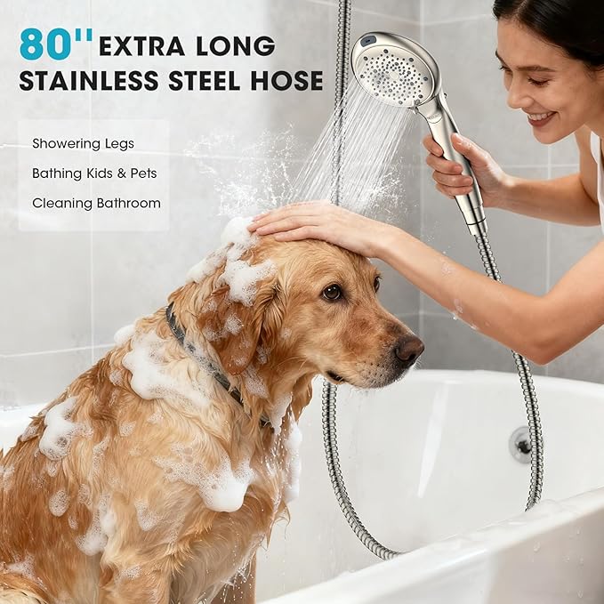 FASDUNT Filtered Shower Head with Handheld, 8-Mode Handheld Showerhead with Filters for Hard Water -Remove Chlorine, Built-in Power Wash, 80" Extra Long Stainless Steel Hose, Brushed Nickel