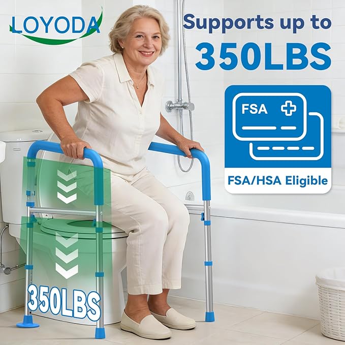 Loyoda Toilet Safety Rails for Seniors, Adjustable Height Toilet Handles for Elderly and Disabled, One-Button Width Adjustment, Foldable Handles, 350 LBS, Toilet Bars Fit Most Toilets