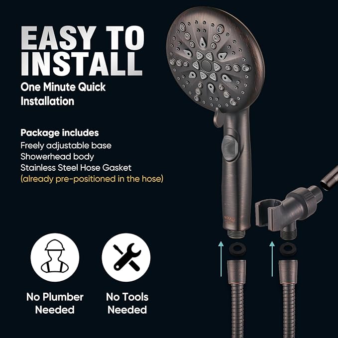 Cobbe High Pressure Shower Head with Built-in Pause Button, 9-Function Detachable Showerhead with Handheld Brass Swivel Bracket & Stainless Steel Hose, Water Saving 1-Click Stop, Oil Rubbed Bronze
