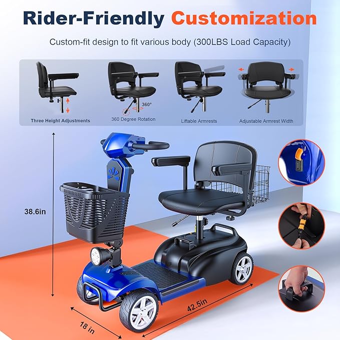 15/25/30/50Miles Eldryvon 4 Wheels Electric Mobility Scooter for Seniors, Dual Basket, 350W Powered Wheelchair with Rotating Seat, Foldable Motorized Scooter for Adults (Blue, 30Miles)