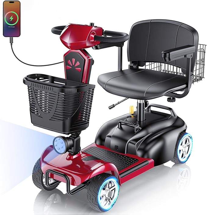 15/25/30/50Miles Eldryvon 4 Wheels Electric Mobility Scooter for Seniors, Dual Basket, 350W Powered Wheelchair with Rotating Seat, Foldable Motorized Scooter for Adults (Red, 25Miles)