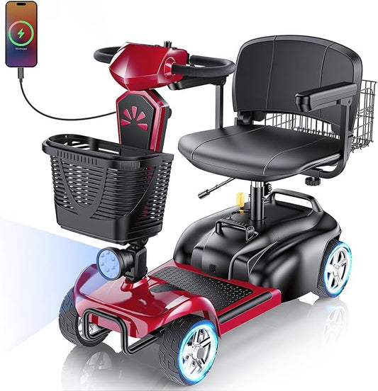 15/25/30/50Miles Eldryvon 4 Wheels Electric Mobility Scooter for Seniors, Dual Basket, 350W Powered Wheelchair with Rotating Seat, Foldable Motorized Scooter for Adults (Red, 25Miles)