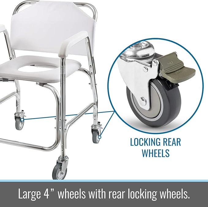 DMI Rolling Shower Chair, Commode, Transport Chair, FSA Eligible, Rolling Bathroom Wheelchair for Handicap, Elderly, Injured or Disabled, 250 Lb. Weight Capacity, Aluminum Frame, White