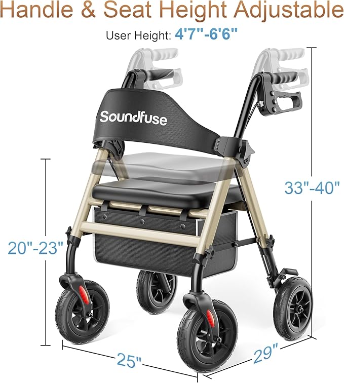 SOUNDFUSE Rollator Walkers for Seniors with Seat, Foldable Lightweight Rolling Walker with 8" Big PU Wheels, Ergonomic Seat, Dual Height Adjustment