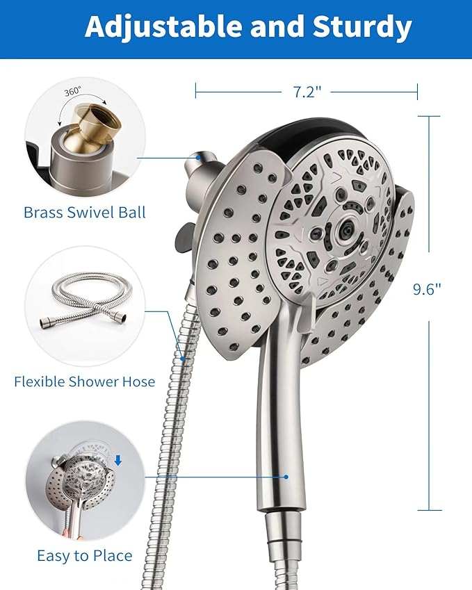 INAVAMZ Shower Heads with Handheld Spray Combo: 7.2" Rainfall Shower Head & Handheld Shower Head 2-IN-1 Shower Head with 60" Rotatable Stainless Steel Hose Nickel, Shower Trim Systems