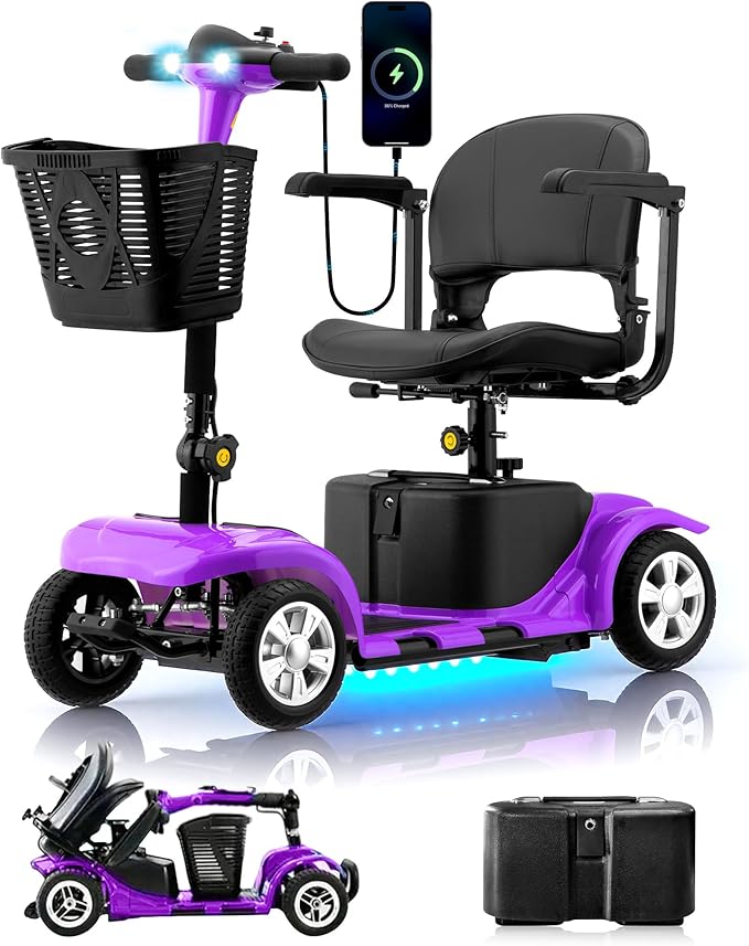 Mobility Scooter for Adults, Senior, 4 Wheels Electric Powered Chargeable Device for Travel, Lightweight Mobility Scooter with LED Headlights and Basket, Charger Included