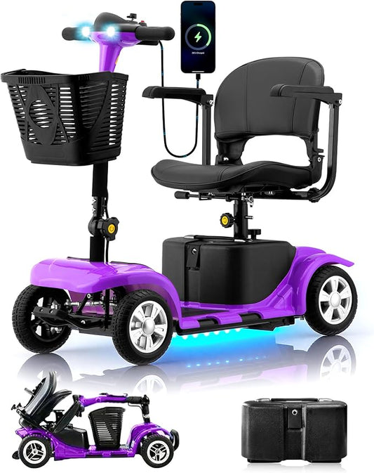 Mobility Scooter for Adults, Senior, 4 Wheels Electric Powered Chargeable Device for Travel, Lightweight Mobility Scooter with LED Headlights and Basket, Charger Included
