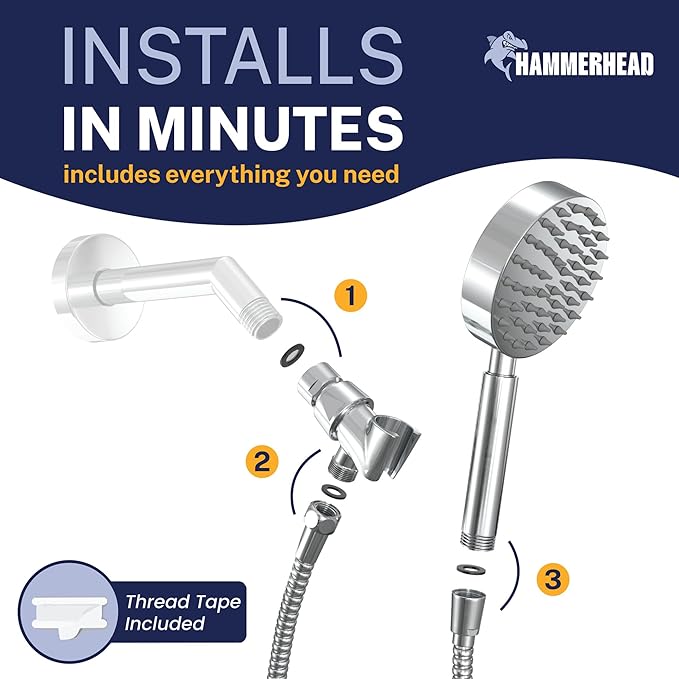 HammerHead Showers® Solid Metal LOW FLOW Handheld Shower Head with Hose and Brass Holder - CHROME – Water Saving 1.75 GPM Detachable Shower Head - Adjustable Shower Wand Bracket & 6ft Hose