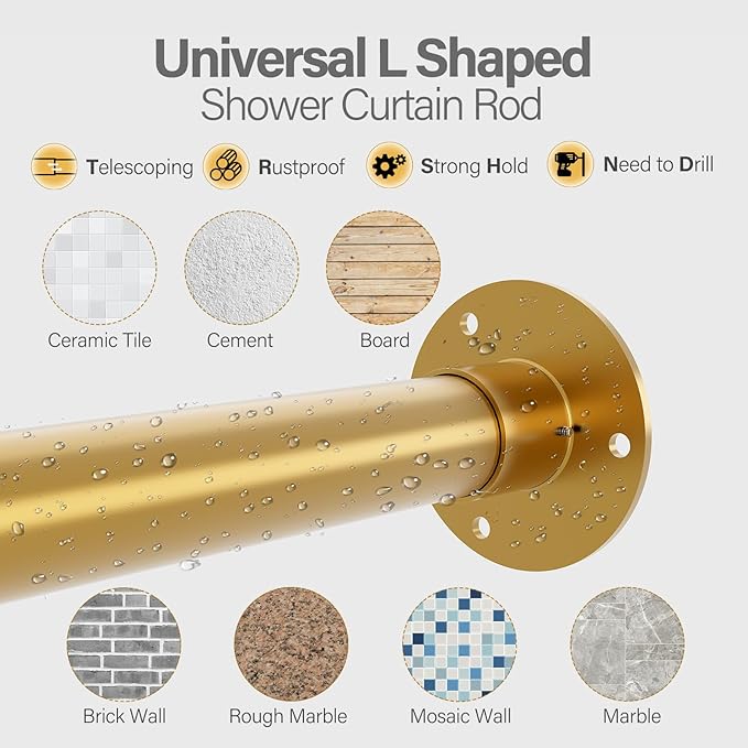 L Shaped Corner Shower Curtain Rod, 24" - 53" x 24" - 53" Adjustable 90 Degree Curved Bathroom Rod Square Rail No Sag with 12 Hooks & Ceiling Support - Gold