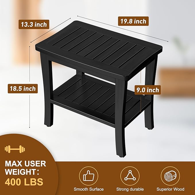 Extra Bamboo Black Shower Bench Stool Waterproof Shower Chair Spa Bath Seat Extra Big Best Hardwood Bathroom Gadgets Seat Father Day Dad Parents Stepdad Christmas Xmas Happy Birthday Gifts Ideal