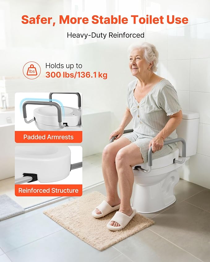 VEVOR Raised Toilet Seat with Arms, 300 lbs Load Capacity, 3.5-Inch Lift Height, Widened Commode Elevated Toilet Seat Riser with Padded Handles for Seniors, Elderly, Handicap, Disabled, and Adults