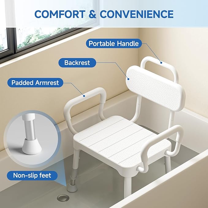 Loyoda Shower Chair for Inside Shower,Bath Chair with Arms and Back,Aluminum Shower Stool for Tub,Slip Resistant Shower Bench,Height-Adjustable Shower Seat with Handles for Seniors,Neutral Gray
