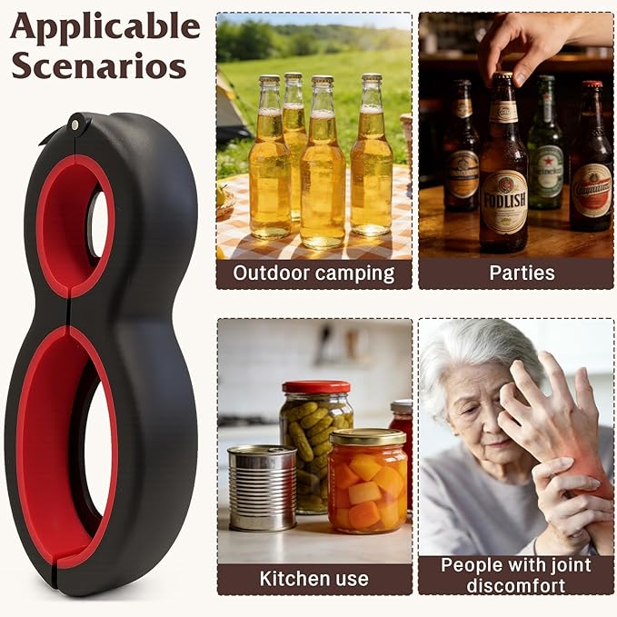 Multi-Use Can, Bottle and Jar Opener, 6-in-1 Adjustable Bottle Opener with Easy-Grip Design for Senior & Weak Hands