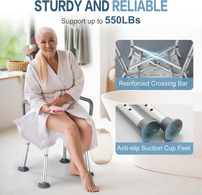 Upgraded Shower Chair for Inside Shower - 6 Height Adjustable (13.4-18.1"), Shower Chair for Elderly and Disabled with Arms and Back, Reinforced Crossbars for 550lbs w/4 Suction Cups