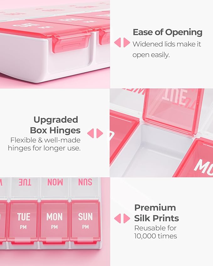 AMOOS Weekly Pill Organizer 2 Times a Day, Stylish Pill Box 7 Day AM PM with Large Compartments, Pill Case Easy to Use, BPA-Free Pill Container for Vitamins, Fish Oils, Supplements, Medicines, Pink