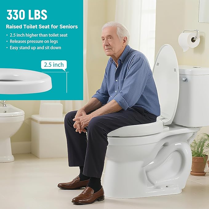 Elongated Toilet Seat Risers for Seniors, 2.5 Inch Elevated Toilet Seat with Slow Close, Non-Slip Raised Toilet Seat, 18.5" Fit for Elongated Toilet, White