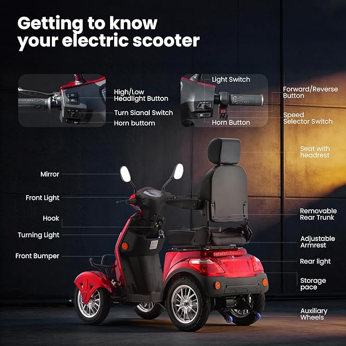 Super Large Electric 4 Wheel Mobility Scooters, Heavy Duty 800W Wheelchair Device, 25 Miles Long Range, All Terrain Mobility Scooter，Speed Adjust, Remote Key,Receive Ready to Ride (Red)