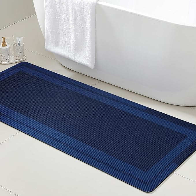 ACCUMTEK Non Slip Bath Mat, Thin Bathroom Rugs Fit Under Door, Quick Dry Bath Mats, Machine Washable Bath Rugs for Bathroom, Bathtub & Kitchen, Bathtub, Dark Blue/Bordered/59 x20