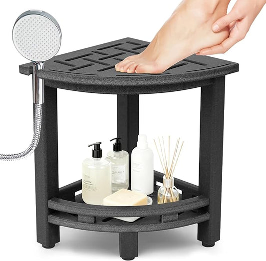 KALUMOON Corner Shower Stool, HDPE Waterproof Shower Bench for Inside Shower, Small Shower Chair Seat for Shaving Legs with Storage Shelf, Shower Head Holder, Adjustable Feet (Black)