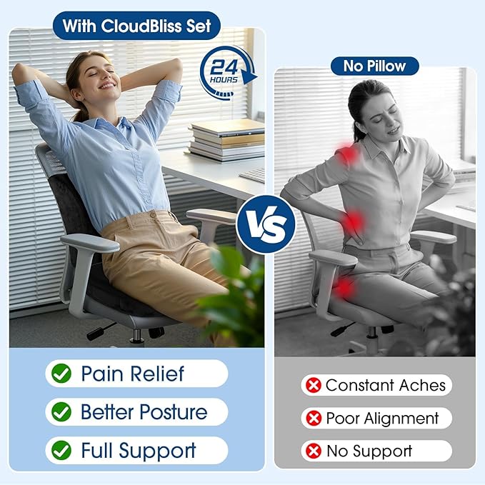 CloudBliss Lumbar Support Pillow & Seat Cushion Set for Office Chair, Desk Chair, Wheelchair & Car – Memory Foam Back Support, Ergonomic Chair Cushions, Sciatica Pain Relief, Home Essentials, Black