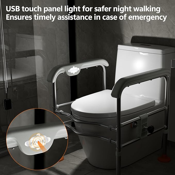 Heavy Duty Toilet Safety Rails for Seniors (665lbs), Adjustable LED Toilet Safety Frame with Handles for Elderly, Foldable Handicap Toilet Aid Support for Most Toilets, Stand Up Assist