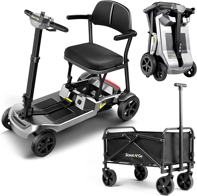 SCOOTNGO Mobility Scooters for Seniors, 4 Wheel Foldable Lightweight Airline Approved Mobility Scooter for Adults, Dual Batteries, Portable, No Assembly Needed (Silver Grey, with Folding Trailer)