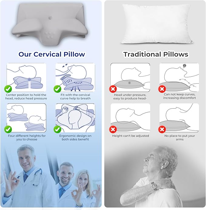 Cervical Pillow for Neck Pain Relief, Cooling Contour Memory Foam Pillows Support Odorless Ergonomic Neck Pillow Adjustable Orthopedic Bed Pillow for Side Back Stomach Sleeper with Pillowcase,Grey