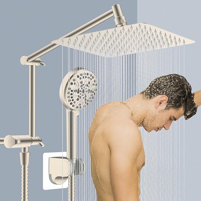 All Metal Rain Shower Head, 10” High Pressure Rainfall Shower Head with Handheld, 5" Large Handheld Showerhead Powerul Wash 10-Spray, 16" Shower Extension Arm Adjustable Height/Angle, Brushed Nickel
