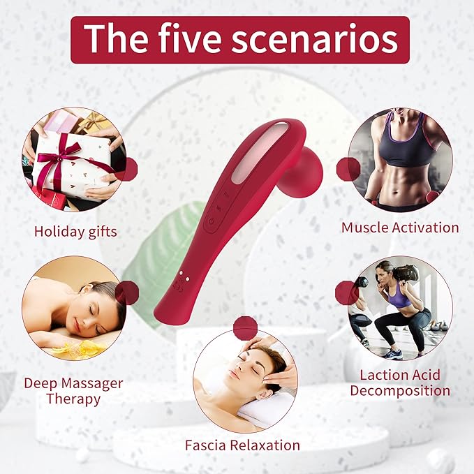 Cordless Handheld Electric Shoulder and Neck Massager Portable Full Body Deep Tissue Massage Tool- Back Massager for Muscle Pain Relief and Tissue Restoration-USB Magnetic Charging. (Red)
