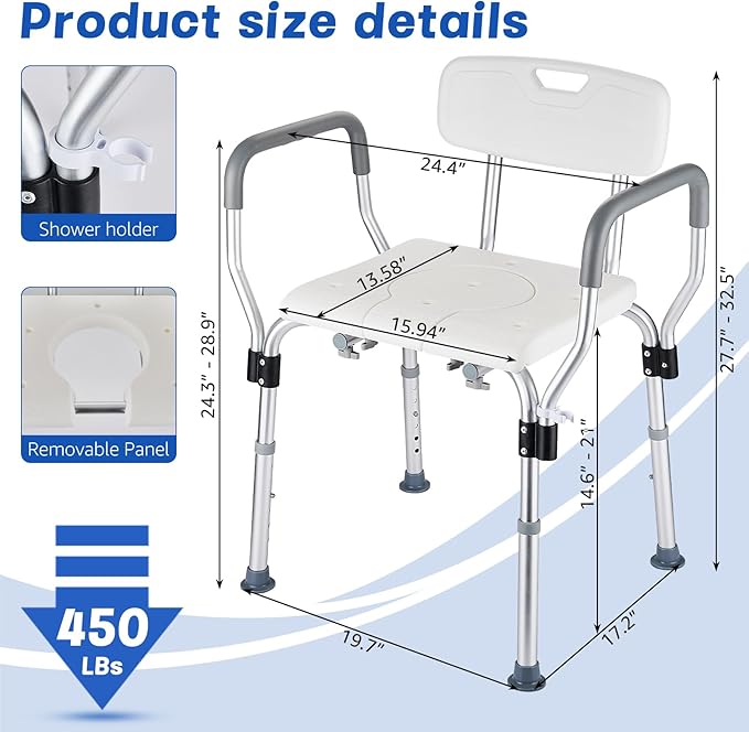 Shower Chair for Inside Shower 450 LB Heavy Duty, Handicap Toilet Chairs for Seniors with Arms, Shower Seat for Elderly and Disabled Inside Tub, Padded Bath Chairs for Shower Stall