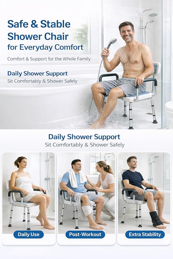 Shower Chair for Inside Shower with Arms and Back HSA/FSA Eligible, 400lbs Capacity Height Adjustable U-Shaped Seat for Seniors Elderly Easy Bathing, 4-in-1 Tool-Free Assembly