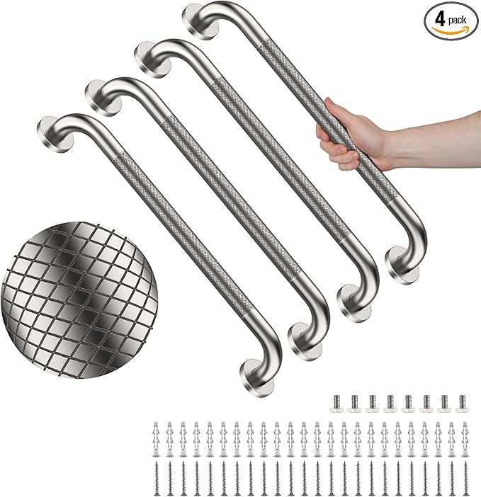4 Pack 24 Inch Shower Grab Bar, YuanDe Brushed Nickel Bathroom Grab Bar Handle w/Anti-Slip Knurled Grip, Stainless Steel Bath Balance Bar, 1.25" Diameter Safety Hand Rail Support,Handicap Elderly