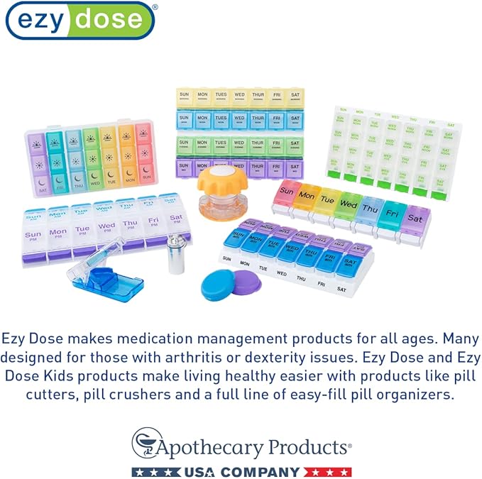 EZY DOSE Weekly AM/PM (7-Day) Daily Pharmadose Pill Planner, Medicine Case, Vitamin and Supplement Organizer, Large Easy Fill Compartments, 4 Times a Day, 28 Compartments, Clear Lids, Blue, BPA Free