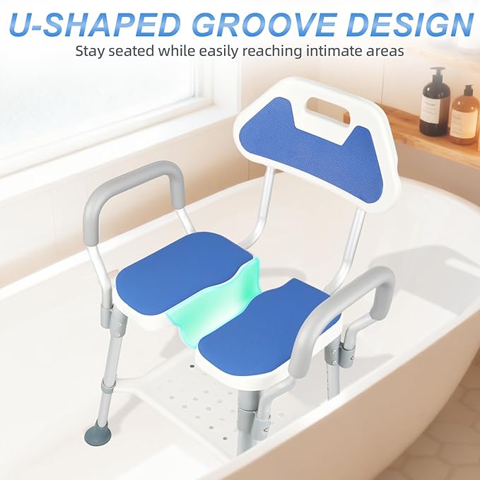 Shower Chair for Inside Shower, U-Shaped Heavy Duty Shower Chair for Elderly and Disabled, Bottom Storage Tray, 300Lbs Shower Stool with Arms and Back, Height Adjustable Seat for Bathtub