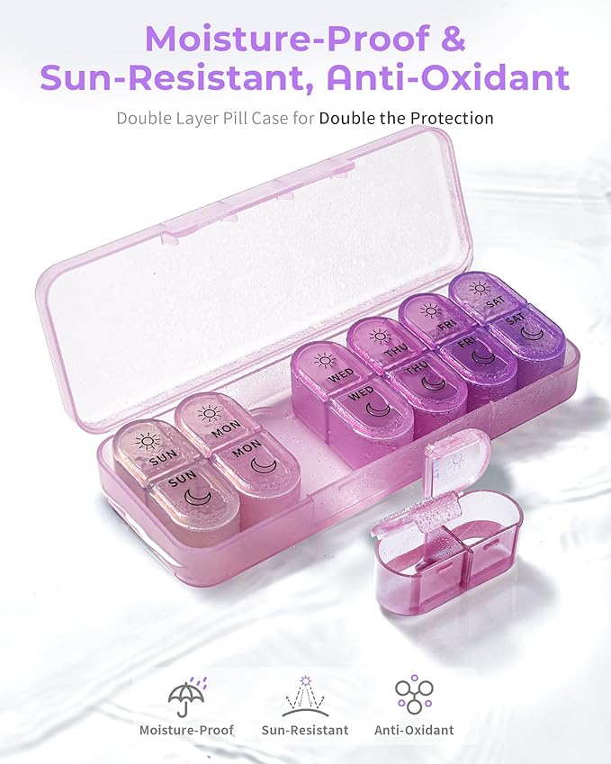 Pillex Pill Organizer, Am & Pm Pill Organizer 7 Days, Weekly Pill Case 2 Times a Day, Cute Pill Box 7 Day, Medicine Organizer for Travel, Vitamins, Fish Oils, Supplements (Gradient Pink-Purple)