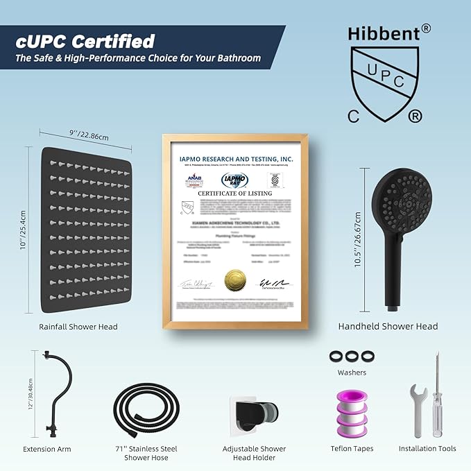 Hibbent All Metal High Pressure Rainfall 10'' Shower Head, CUPC Certified Handheld Showerhead Combo, 12'' Adjustable Shower Extension Arm, 10-Spray, 71'' Hose, Adhesive Showerhead Holder, Matte Black