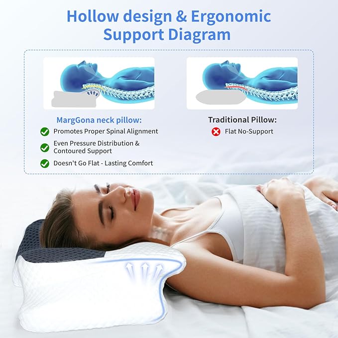 Cervical Neck Pillow for Pain Relief, Hollow Design Memory Foam Bed Pillow for Side & Back Sleepers, Ergonomic Orthopedic Bed Pillow with Adjustable Support (White with Black)