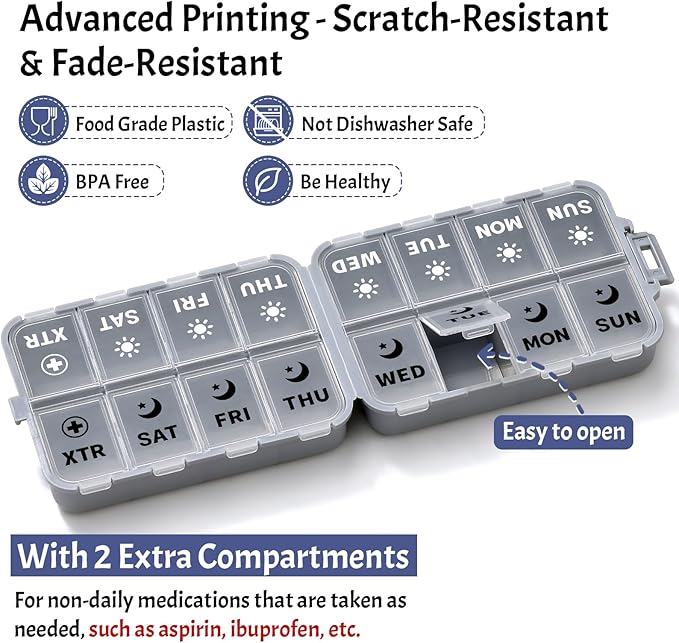 Foldable Weekly Pill Organizer 2 Times a Day with 2 Extra Compartments (Clear Printed Labels) - Portable 7 Day AM PM Medicine Box, Week Daily Travel Pill Case Holder for Vitamin, Supplement - Grey