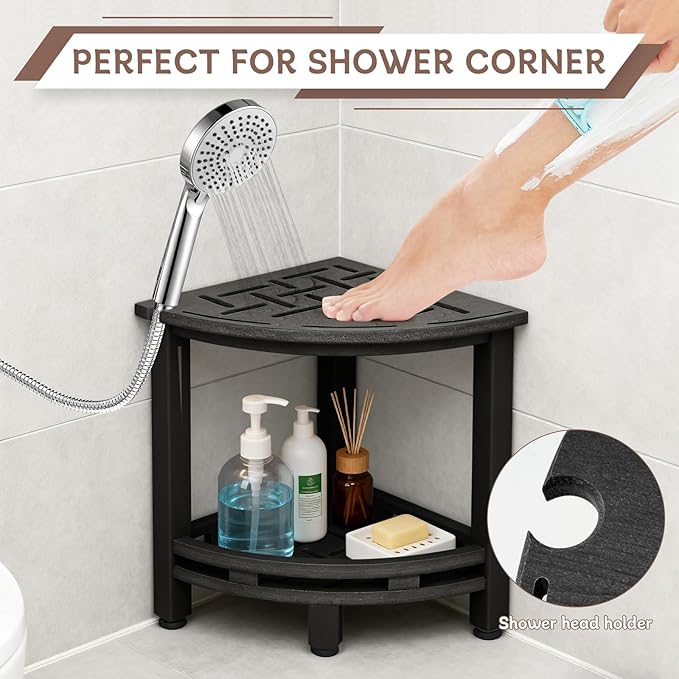 KALUMOON Corner Shower Stool, HDPE Waterproof Shower Bench for Inside Shower, Small Shower Chair Seat for Shaving Legs with Storage Shelf, Shower Head Holder, Adjustable Feet (Black)