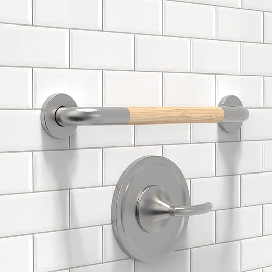 Safety Grab Bar for Bathroom & Toilet, Natural Bamboo Handle, ADA Compliant Balance Assist Handrail for Handicap and Seniors, 18in Brushed Nickel