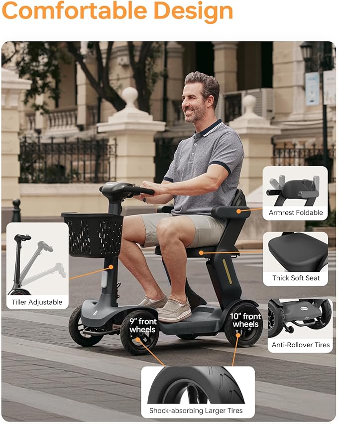Paiseec S3 Pro Mobility Scooters for Adults, 40 Miles Long Lasting Mobility Scooter, Lightweight Travel Scooter for Seniors, 300 lbs Capacity, AI Speed Control, 250W Motor (Grey-40miles-S3)