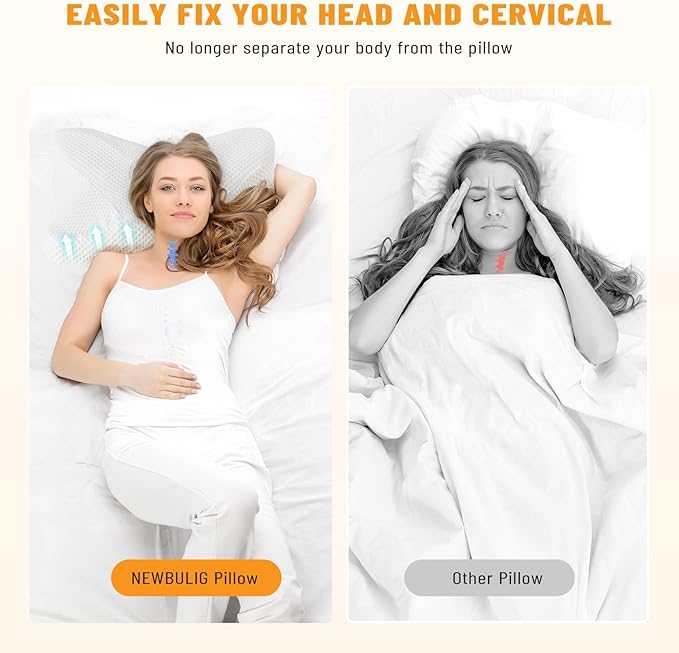 Cervical Neck Pillow Set of 2, Memory Foam Pillow for Neck Pain Relief, Ergonomic Bed Pillow with Neck Support for Side, Back & Stomach Sleepers, Queen, White