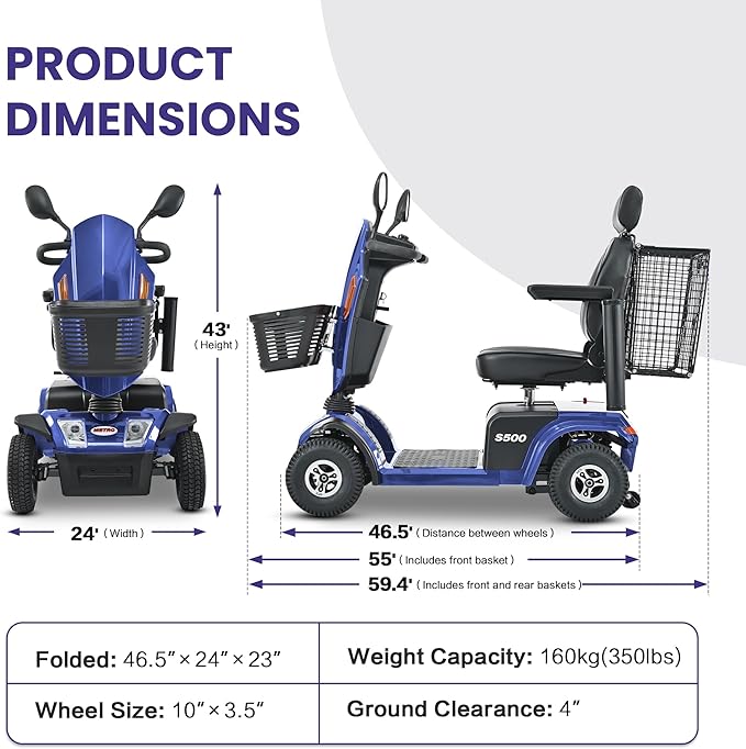 Metro Mobility Powered Mobility Scooters, 4 Wheel Mobility Scooters for Adults, 350 lbs Capacity Folding Mobility Scooter, 25 Miles Long Travel Range Scooter for Seniors Blue
