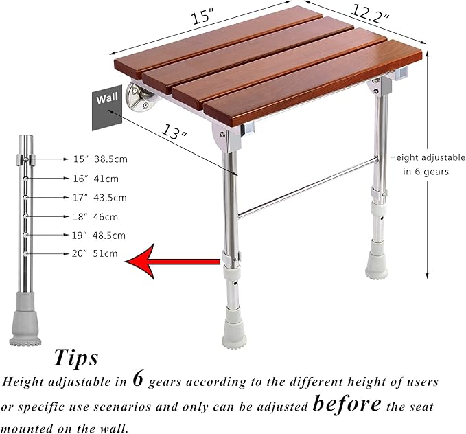 Folding Shower Seat Wall Mounted with Legs, Foldable Shower Chair for Inside Shower, Fold Down Shower Bench for Seniors (Wood, Height Adjustable)