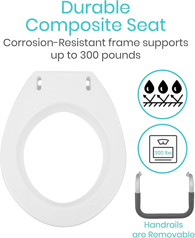 Vive Raised Toilet Seat Riser for Seniors (with Handles) - Handicap Rail Grab Bar Seat for Over Toilet - Elevated Safety for Elderly, Disabled, Medical - Standard