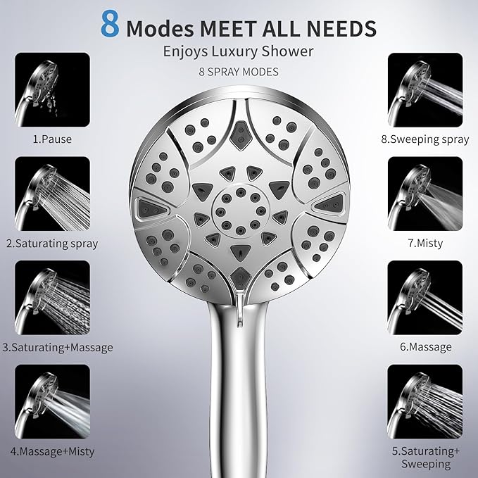 High Pressure 8-mode Handheld Shower Head with 5 ft Stainless Steel Hose and Adjustable Bracket, Built-in Power Wash to Clean Tub, Clean Corner,Tile & Pets