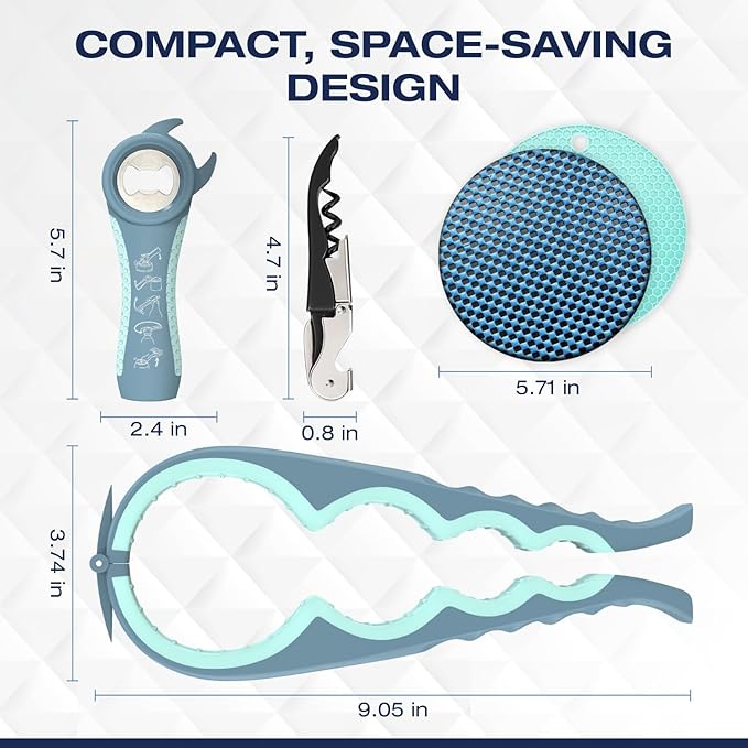 Jar Opener for Weak Hands with 5-in-1 Bottle Opener, Corkscrew Wine Opener, Firm Jar Gripper Pad and 2 Non Slip Rubber Grip Mats, Multifunction Kitchen Tool Set for Seniors, Easy Lid Removal -Blue