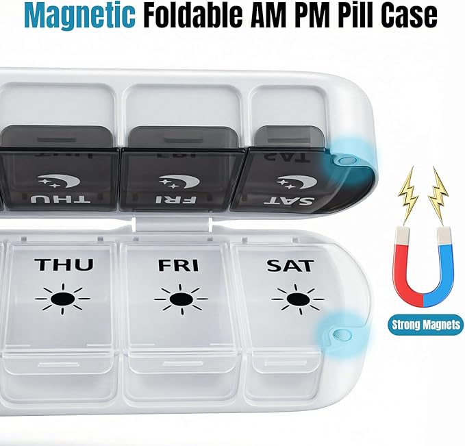 Weekly Pill Organizer 2 Times a Day, Magnetic Foldable AM PM Pill Box with Dual Protection, Large Travel Medication Case for Vitamins, Fish Oils, Supplements (Black & White)